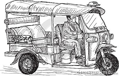 Tuk-tuk skech, Traditional motor tricycle for transportation Vector Illustration