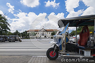 A tuk-tuk Tradition taxis parked at Three Kings Monument and waiting to take a traveller to go sightseeing in Chiang Mai, Thaila Editorial Stock Photo