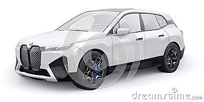 Tula, Russia. January 21, 2022: BMW iX 2022 White luxury sport suv electric car isolated on white background. 3d Cartoon Illustration
