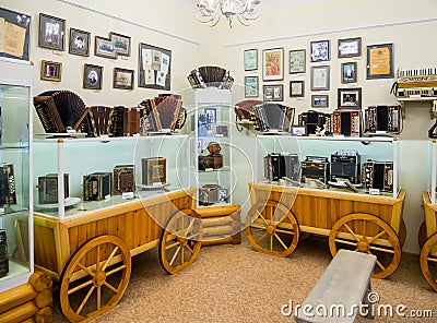 Fragment of the interior of the accordion museum of grandfather Filimon, Tula Editorial Stock Photo