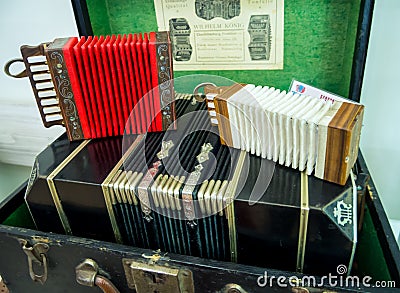 Small harmonicas, Grandfather Filimon`s accordion museum, Tula Editorial Stock Photo