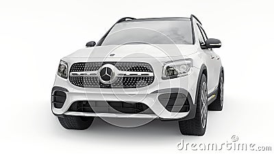 Tula, Russia. July 3, 2021: Mercedes-Benz GLB 2020 white compact luxury suv car isolated on white background. 3d Cartoon Illustration