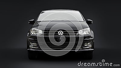 Tula, Russia. July 10, 2021: Volkswagen Polo sedan black compact city car isolated on black background. 3d rendering. Editorial Stock Photo