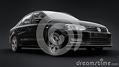 Tula, Russia. July 10, 2021: Volkswagen Polo sedan black compact city car isolated on black background. 3d rendering. Editorial Stock Photo