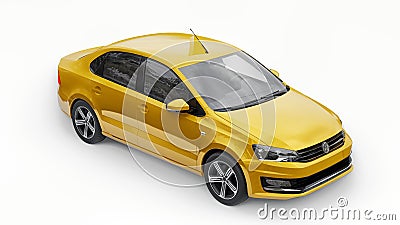 Tula, Russia. July 5, 2021: Volkswagen Polo sedan yellow compact city car isolated on white background. 3d rendering. Editorial Stock Photo