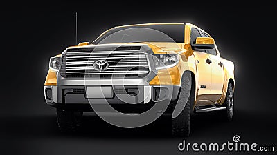 Tula, Russia. June 6, 2021: Toyota Tundra 2020 full size pickup yellow truck isolated on black background. 3d rendering. Editorial Stock Photo