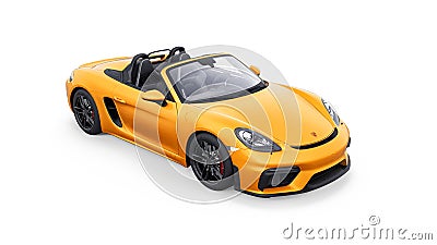 Tula, Russia. March 26, 2021: Porsche 718 Spider 2017 yellow sports car cabrio isolated on white background. 3d Cartoon Illustration