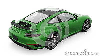 Tula, Russia. March 25, 2021: Porsche 911 Turbo S 2016 green sports car coupe isolated on white background. 3d rendering Editorial Stock Photo