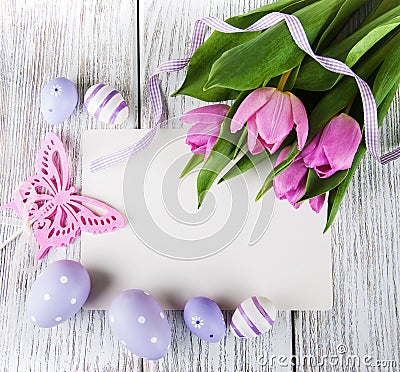 Tulip bouquet and blank greeting easter card Stock Photo