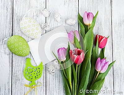 Tulip bouquet and blank greeting easter card Stock Photo