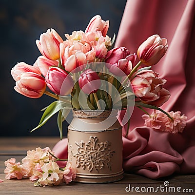 A tulip bouquet with March 8 inscription. Happy March 8th. Women's Day. Mother's Day. Happy Easter Stock Photo