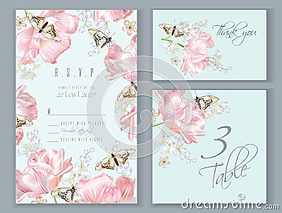 Tulip butterfly card set Vector Illustration