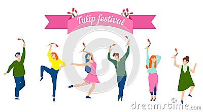 Tulip festival concept. Spring festival illustration with people in trendy style. People dance and hold tulip flowers. Spring Vector Illustration