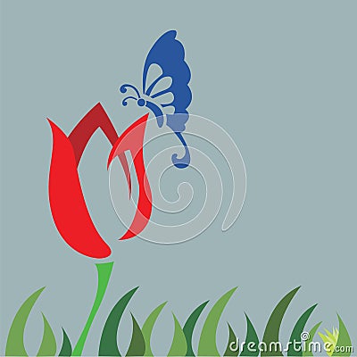 Tulip field and butterfly Vector Illustration