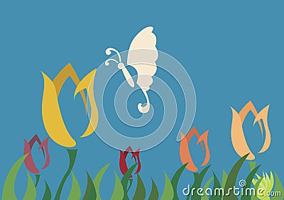 Tulip field and butterfly Vector Illustration