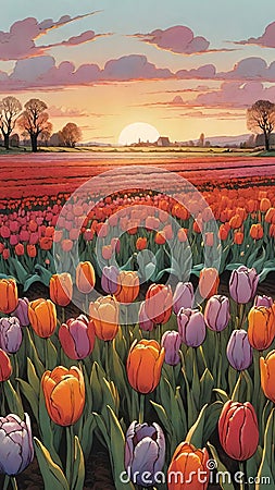 Tulip field at sunset, Colorful background. Wallpaper.Vertica image. Stock Photo