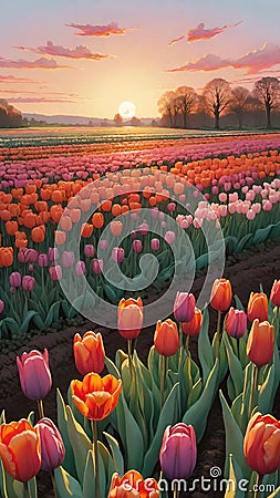 Tulip field at sunset, Colorful background. Wallpaper.Vertica image. Stock Photo