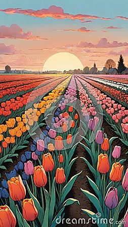 Tulip field at sunset, Colorful background. Wallpaper.Vertica image. Stock Photo