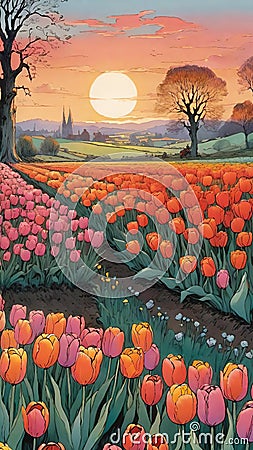 Tulip field at sunset, Colorful background. Wallpaper.Vertica image. Stock Photo