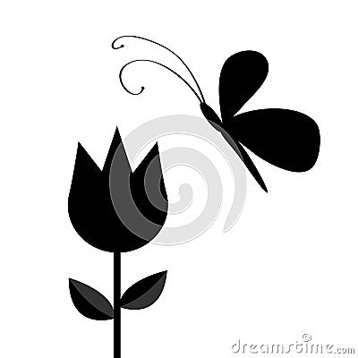 Tulip flower with leaf and flying butterfly insect black silhouette shape form. Simple sticker template. Floral plant decoration e Vector Illustration