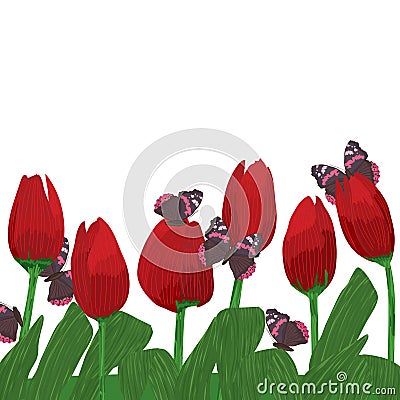 Tulip flower red butterfly Vector Illustration