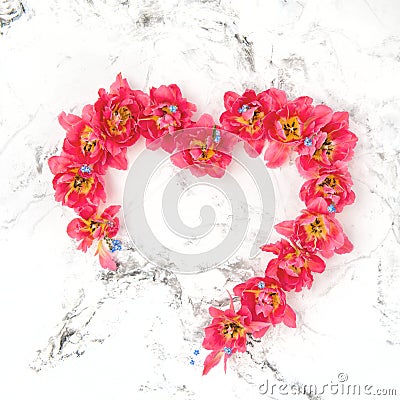 Tulip flowers heart forget me not bouquet Stock Photo