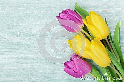 Tulip flowers on rustic table for March 8, International Womens day, Birthday or Mothers day, beautiful spring card Stock Photo