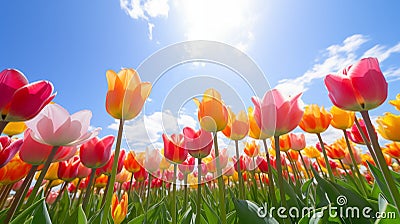 Tulip garden in full bloom against blue sky and clouds during spring Stock Photo