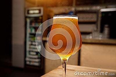 Tulip glass with beer, interior of bar on the background Stock Photo