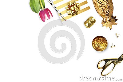 Tulip, gold stapler, pencil.Table view. Still life of fashion. Flat lay Stock Photo