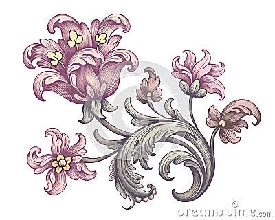 Tulip peony flower vintage pink red Baroque Victorian frame border floral ornament scroll engraved retro pattern tattoo vector Vector Illustration