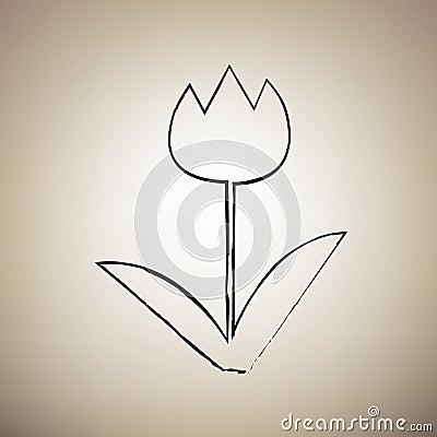 Tulip sign. Vector. Brush drawed black icon at light brown background. Illustration. Vector Illustration