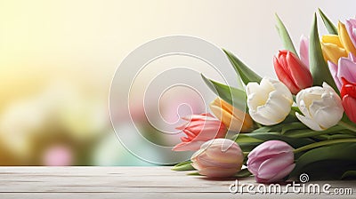 heap of tulips flowers on table with bokeh copy space Stock Photo