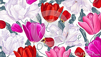 Botanical spring background with tulips. White, pink, red vector flowers. Vector Illustration