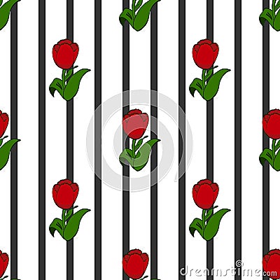 Tulips on the background of black stripes, seamless pattern Vector Illustration