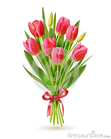 Tulips bouquet. Realistic 3d spring holland flowers for international woman day 8 march, mother and victory day greeting Vector Illustration