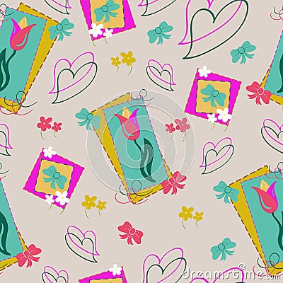 Tulips and hearts seamless pattern with primroses and bows. Floral spring background in pale tender colors, flat style . Vector Illustration