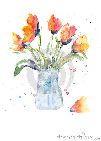 Tulips in jar on white Stock Photo