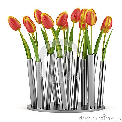 Tulips in modern metallic vase isolated on white Stock Photo