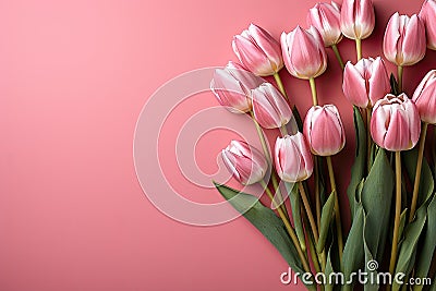 tulips on pink background, copy space Card for Mothers day, 8 March, Happy Easter. Waiting for spring Stock Photo