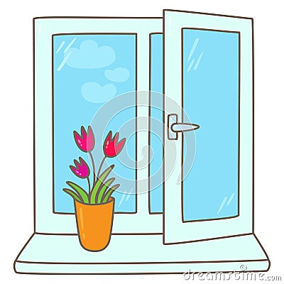 Tulips in a vase on a window sill Vector Illustration