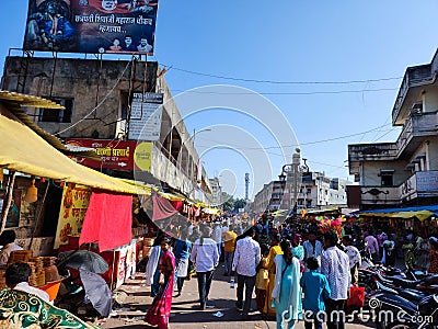 Outside view of Goddess Tulaja bhavani mata temple, crowd of devotees for visit in festival Editorial Stock Photo