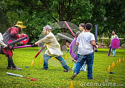 Tulsa OK USA Medieval Combat Club participating in practice battle at park Editorial Stock Photo
