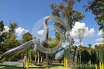 The Gathering Place - Award winning public theme park in Oklahoma - Giant wooden geese with slides and Editorial Stock Photo