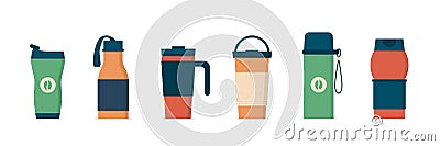 Tumblers with cover, travel thermo mugs, reusable cups for hot drinks Vector Illustration