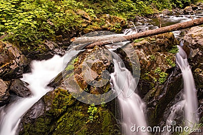 The tumbling waters at Sol Duc Falls, Olympic National Park, Washington, USA, long exposure to create a blurred motion to the Stock Photo