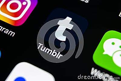 Tumblr plus application icon on Apple iPhone X smartphone screen close-up. Tumblr plus app icon. Tumblr is internet online social Editorial Stock Photo