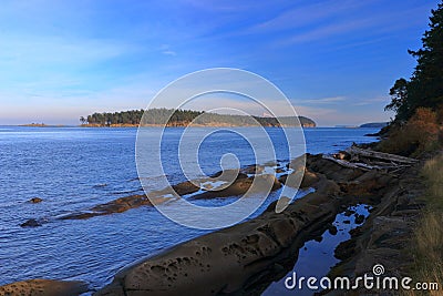 Gulf Islands National Park Tumbo Channel and Island with Mount Baker in Evening Light, Saturna Island, British Columbia, Canada Stock Photo