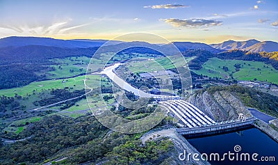 Tumut river, power station and mountains. Stock Photo