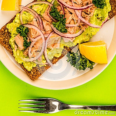 Tuna and Avocado Open Sandwich Stock Photo